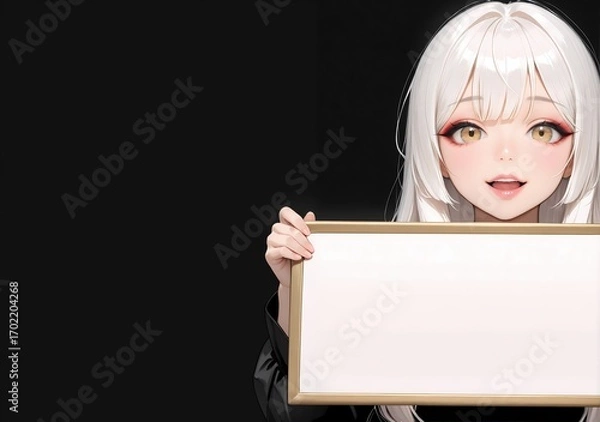 Obraz An expressive anime avatar holding a blank mockup for announcements and web banners, her design features clean white hair and makeup against a solid black backdrop, a 4K ultra-detailed visual.