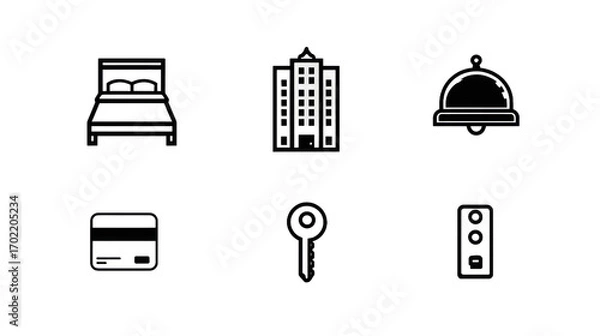 Fototapeta Hotel icons bed, building, service bell, credit card, key, and room control panel