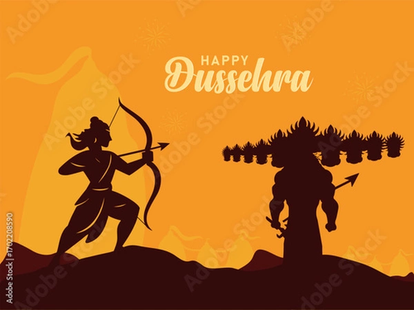 Fototapeta Happy Dussehra or Vijaydashmi Indian Festival celebration background. Vector silhouette illustration of lord rama killing ravana.