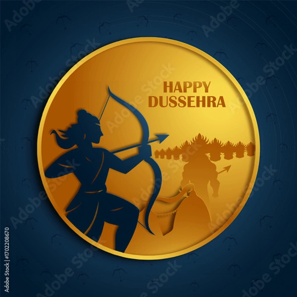 Fototapeta Happy Dussehra or Vijaydashmi Indian Festival celebration background. Vector silhouette illustration of lord rama killing ravana.