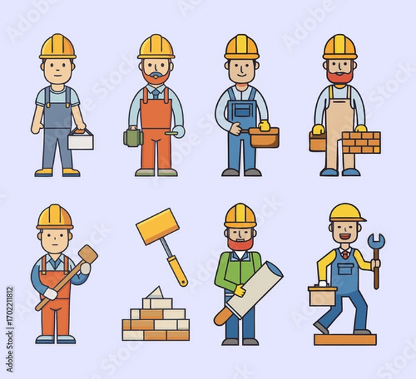 Obraz Set of 8 minimalist color vector icons of construction professions, including bricklayer laying bricks, carpenter sawing wood, concrete worker mixing cement, roofer installing tiles