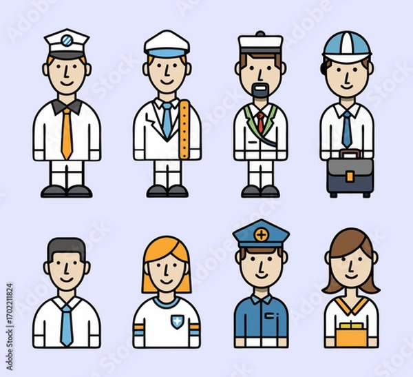 Obraz Cartoon professionals in various uniforms standing on purple background, vector illustration for workplace and career concept designs
