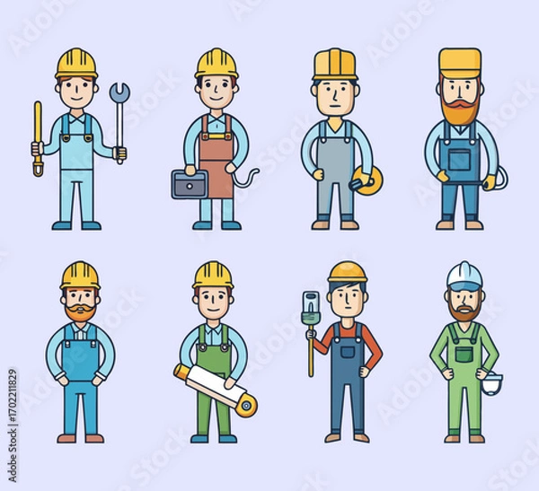 Obraz Set of 8 minimalist color vector icons of construction trades, including electrician installing wiring, plumber fixing pipes, welder with torch, HVAC technician with vent