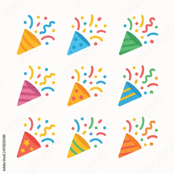 Fototapeta Nine colorful party poppers with confetti suitable for celebratory occasions, birthday parties, festive events, new years eve, and event decorations.