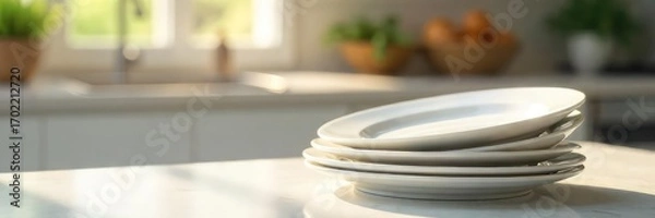 Fototapeta A stack of clean, white dinner plates sits neatly on a kitchen counter, ready for a meal Sunlight streams in, highlighting the subtle texture of the ceramic , kitchen plates, close up