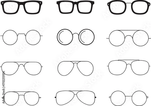 Fototapeta Eyeglasses frames vector illustration collection with round, square, and aviator designs, fashion eyewear outline icons for optical accessories and vision correction