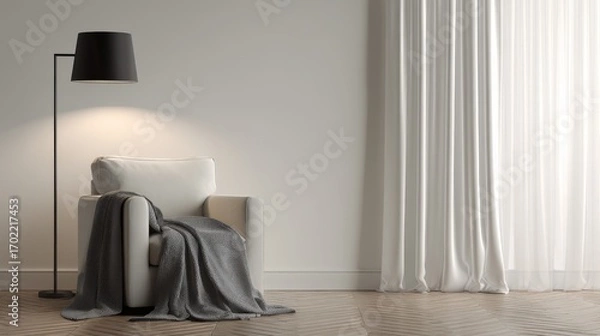 Fototapeta Comfortable Armchair with Blanket in Modern Living Room Interior, Featuring Minimalist Design and Natural Light