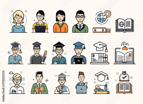 Obraz Set of 18 color vector icons of education and student life, flat style illustrations including books, graduation cap, laptop, backpack, and school supplies