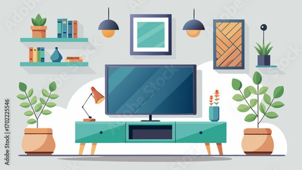 Fototapeta Vector art of a modern living room with a gray wall, a turquoise cabinet, and various decorations, including plants, lamps, and pictures, creating a vibrant atmosphere