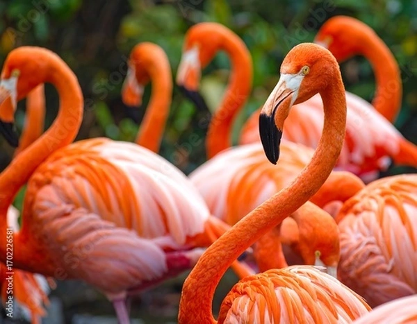 Fototapeta Elegant caribbean flamingos gathering in their habitat for group socialization