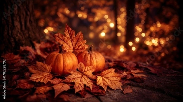 Fototapeta Pumpkins in a Blanket of Leaves