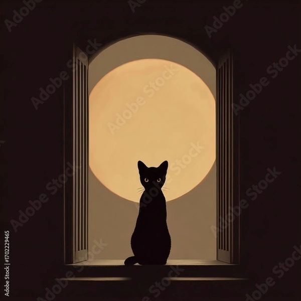 Fototapeta Black cat silhouette sitting in window with glowing full moon behind