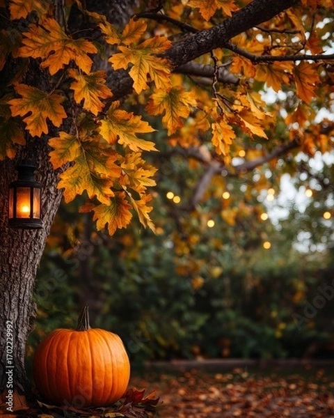 Fototapeta Pumpkin resting under autumn tree with lantern and glowing fall leaves