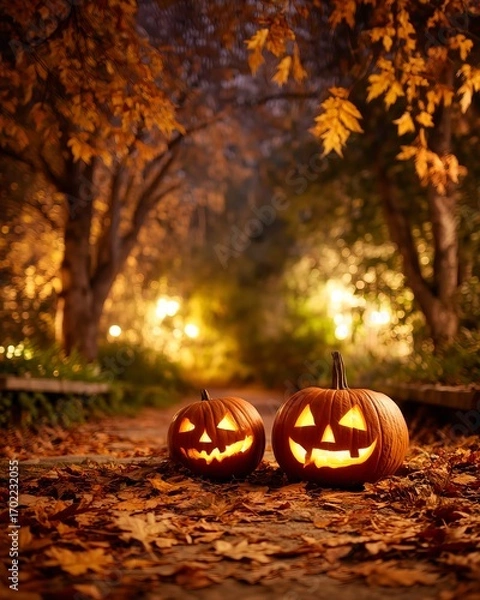 Fototapeta Two glowing jack o lanterns among autumn leaves on illuminated path