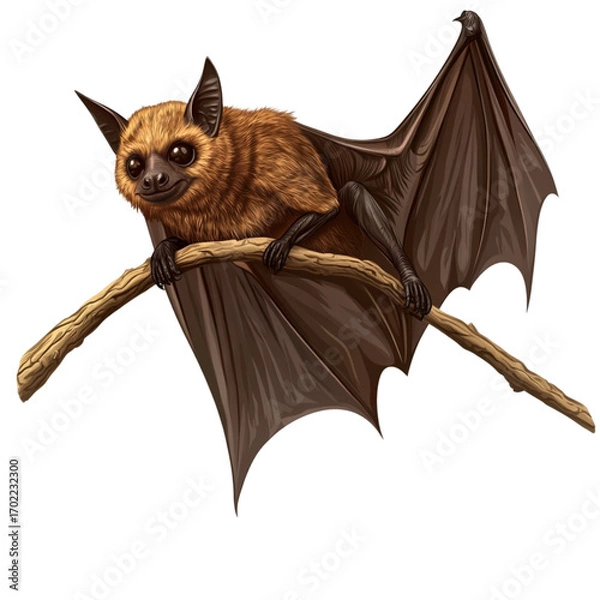 Obraz Adorable brown bat perched on a branch with its wings partially spread against a showcasing its furry body and cute face in a detailed vector illustration style on transparent background