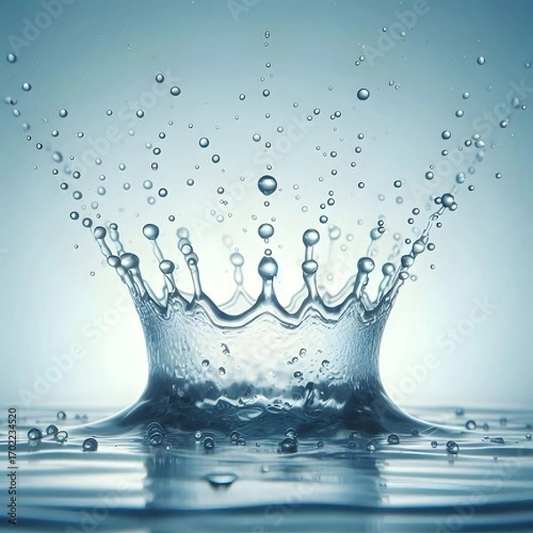 Fototapeta High-Speed Capture of a Pristine Water Drop Impact Creating an Elegant Crown Splash and Dynamic Ripples on a Serene Blue Surface, Symbolizing Purity and Refreshment