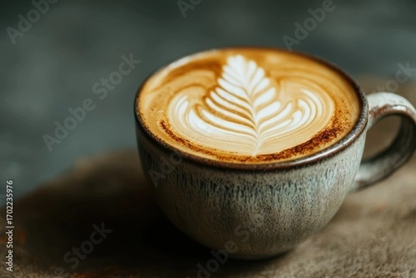 Fototapeta Close-Up View of Latte Art in Creamy Coffee Cup on Wooden Surface