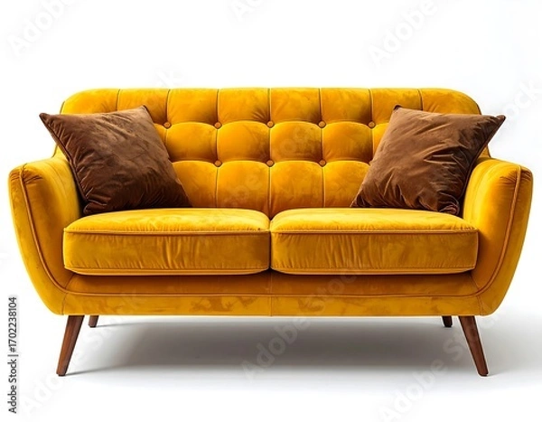 Fototapeta Elegant mustard-colored velvet sofa featuring button-tufted back and brown cushions