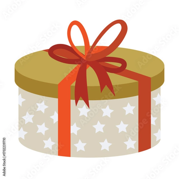Fototapeta Cartoon flat style round gift box with star pattern tied with bright red ribbon and bow.