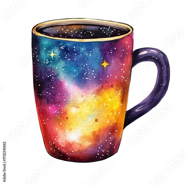 Obraz Watercolor painting of a coffee mug with a vibrant galaxy design featuring stars and cosmic colors perfect for space enthusiasts and lovers of unique artistic drinkware gifts on transparent background