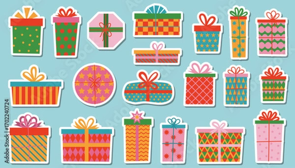 Fototapeta Cartoon flat style set of stickers with gift boxes in colorful wrapping tied with ribbons and bows.