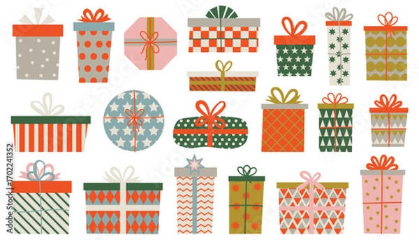 Fototapeta Cartoon flat style set of gift boxes in bright wrapping tied with colorful ribbons and bows.