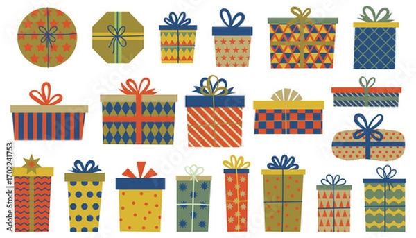 Fototapeta Colorful cartoon flat illustration of gift boxes in wrapping with ribbons and bows.