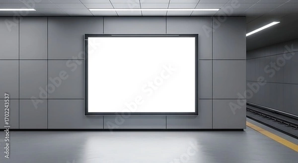 Fototapeta A blank advertising billboard is mounted on a tiled wall in a subway station, ready for a poster.