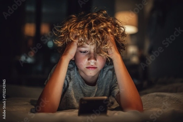 Obraz Child lying in bed frustrated using smartphone