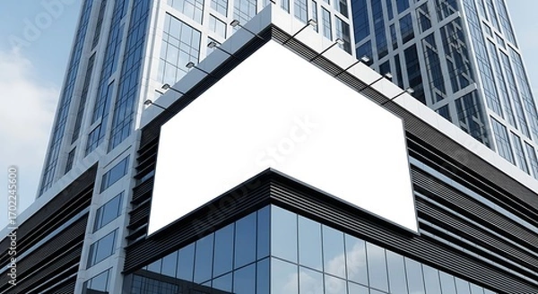 Fototapeta A blank billboard is mounted on the corner of a modern glass building against a blue sky.