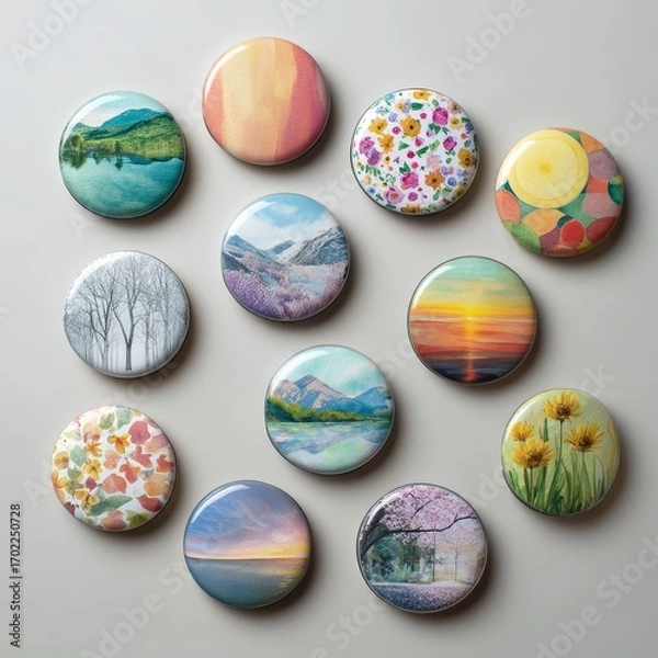 Fototapeta Collection of twelve round artistic pins featuring colorful painted landscapes and floral patterns arranged on a gray surface