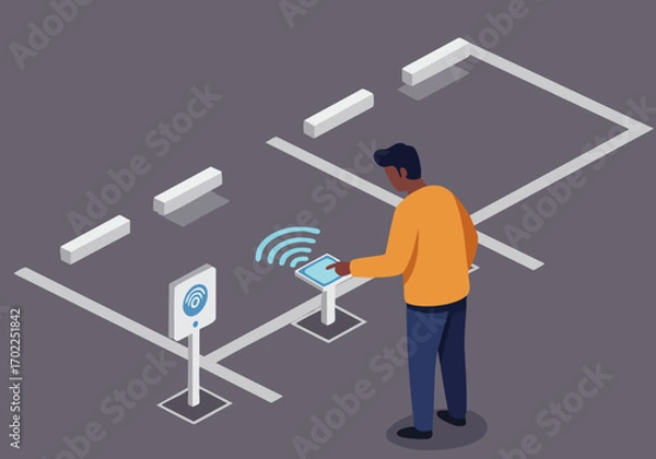 Fototapeta A man interacts with a digital interface at a logistics lot. Isometric illustration showcases modern inventory management. Clean, professional design.