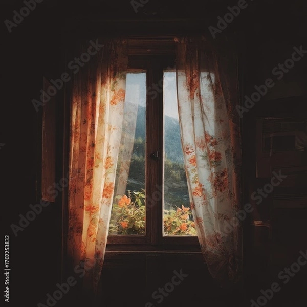 Fototapeta View of a vibrant autumn landscape through a rustic window with floral patterned curtains