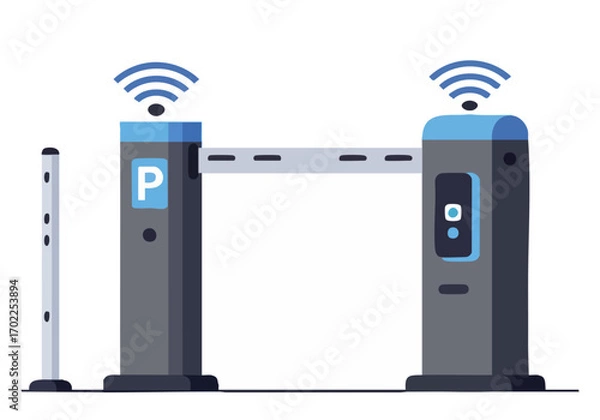 Fototapeta Modern parking gate with tech features open. Clean, flat design illustration. Ideal for digital marketing and tech-related visuals.