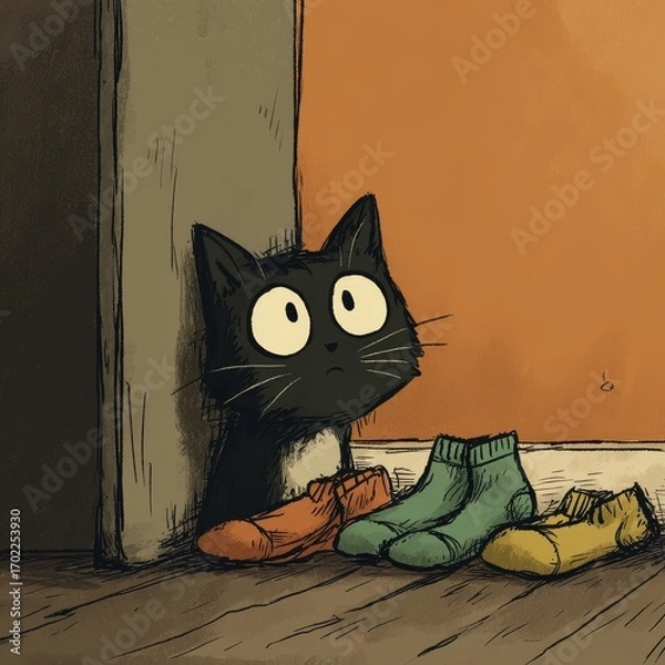 Fototapeta Curious black cat peeking around a doorway at a pair of discarded socks and shoes