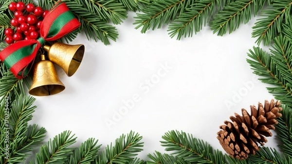 Fototapeta A border of green pine branches with red berries and a gold bell.