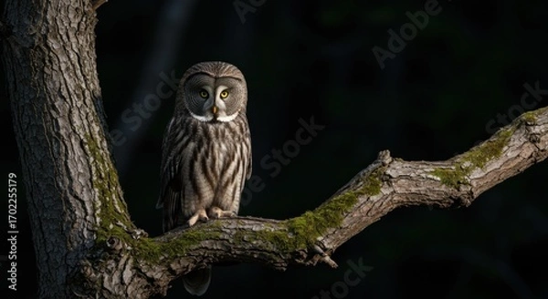 Fototapeta Great gray owl perched on a mosscovered tree branch against a dark background