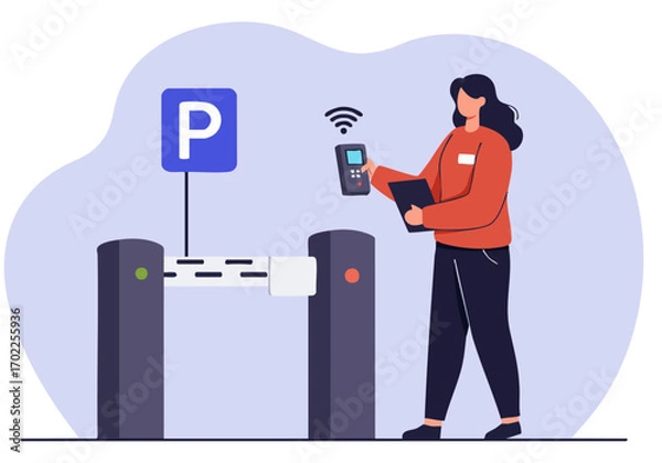 Fototapeta A woman uses an RFID reader to access parking. Modern illustration, clean design, focused on convenience and technology. Suitable for parking management and digital solutions.