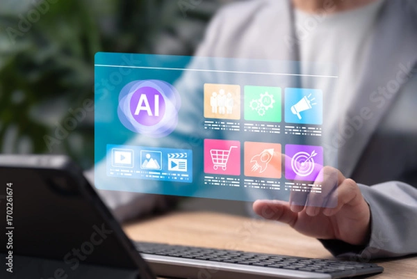 Fototapeta AI Marketing Strategy Concept, Businessman Managing Online Marketing Campaigns with Artificial Intelligence, Data Analytics, Digital Advertising, Customer Insights, Technology-Driven Business Growt