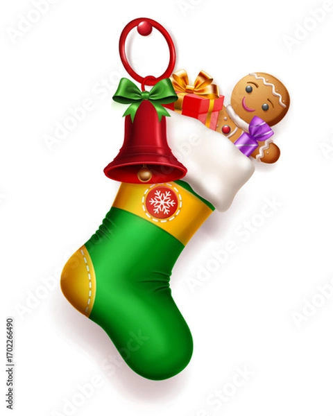 Fototapeta A green Christmas stocking filled with a gingerbread man, wrapped gift, and red bell adorned with a green bow, with soft shadow on white background.