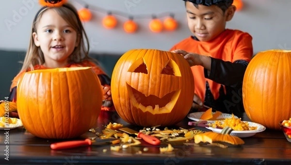Obraz Happy children carving jack-o'-lanterns for Halloween; festive autumn scene.
