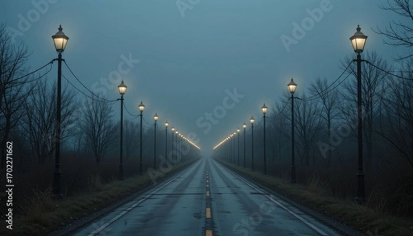 Fototapeta A string of lamps illuminates a long, damp road that extends into the distance.  The road is flanked by bare trees, which give the area a gloomy and unsettling feel.