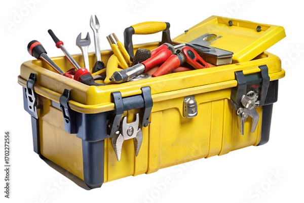 Obraz A bright yellow toolbox brimming with essential hand tools, ready for any repair or DIY project, showcasing organization and preparedness for various tasks