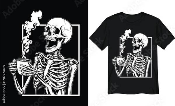 Obraz Funny Skeleton Drinking Coffee Halloween Design