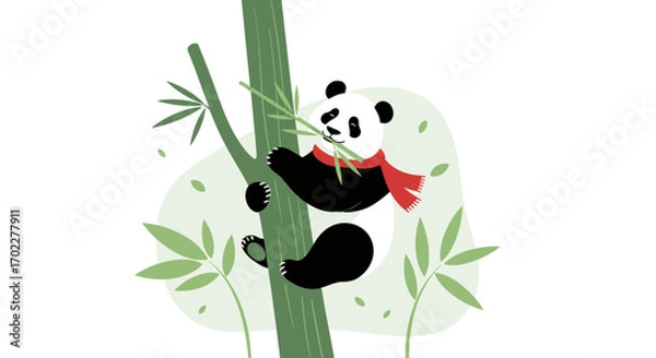 Fototapeta Cute Illustration of a Panda Bear with a Red Scarf Eating Bamboo on a Tree Branch