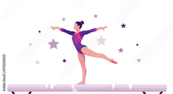 Fototapeta Gymnast Performing Gracefully on Balance Beam With Starry Background Decorative Elements