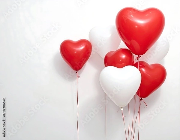 Fototapeta Floating love: a bunch of heart-shaped balloons against a clean white backdrop