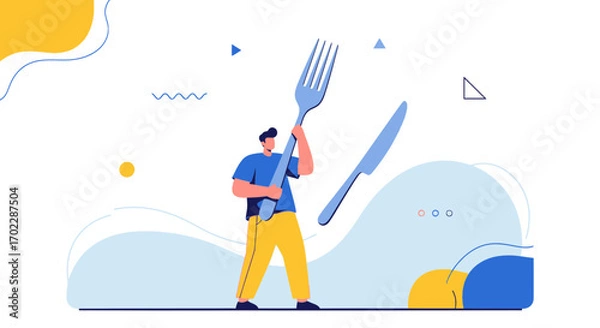Fototapeta Illustration of a person holding a giant fork and knife, food and dining concept depicted