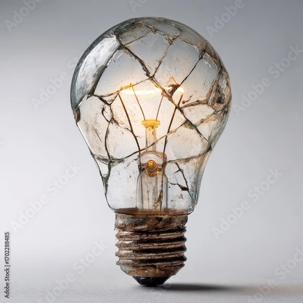 Fototapeta A broken incandescent light bulb with its filament glowing brightly against a neutral background