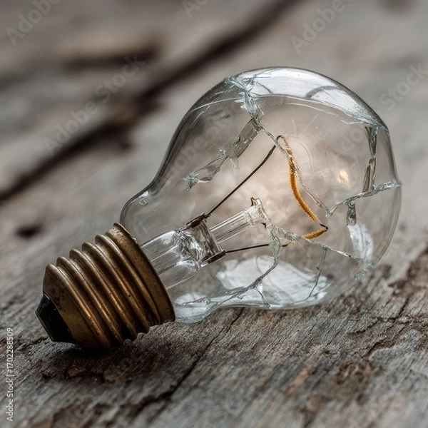 Fototapeta Close up of a broken incandescent light bulb lying on weathered wooden planks with visible filament